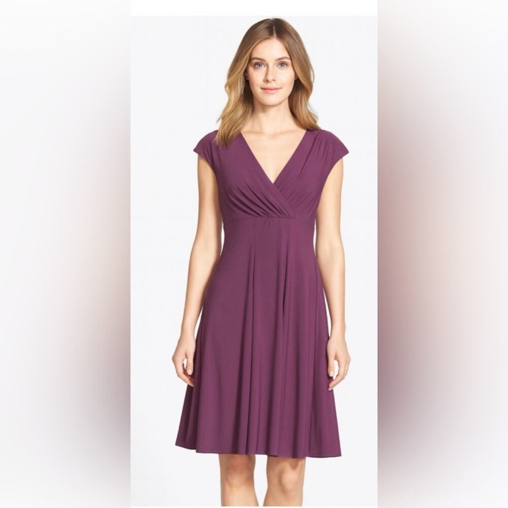Lauren Ralph Lauren Raisin Purple Faux Wrap Midi Dress Sz 8 Ruched Cap Sleeve
